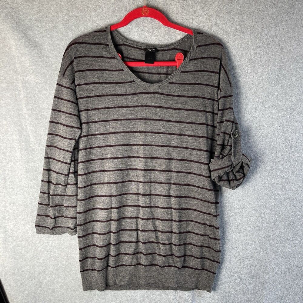 Ann Taylor Wool Blend Tunic Sweater Lightweight Womens Small Grey Purple Stripes